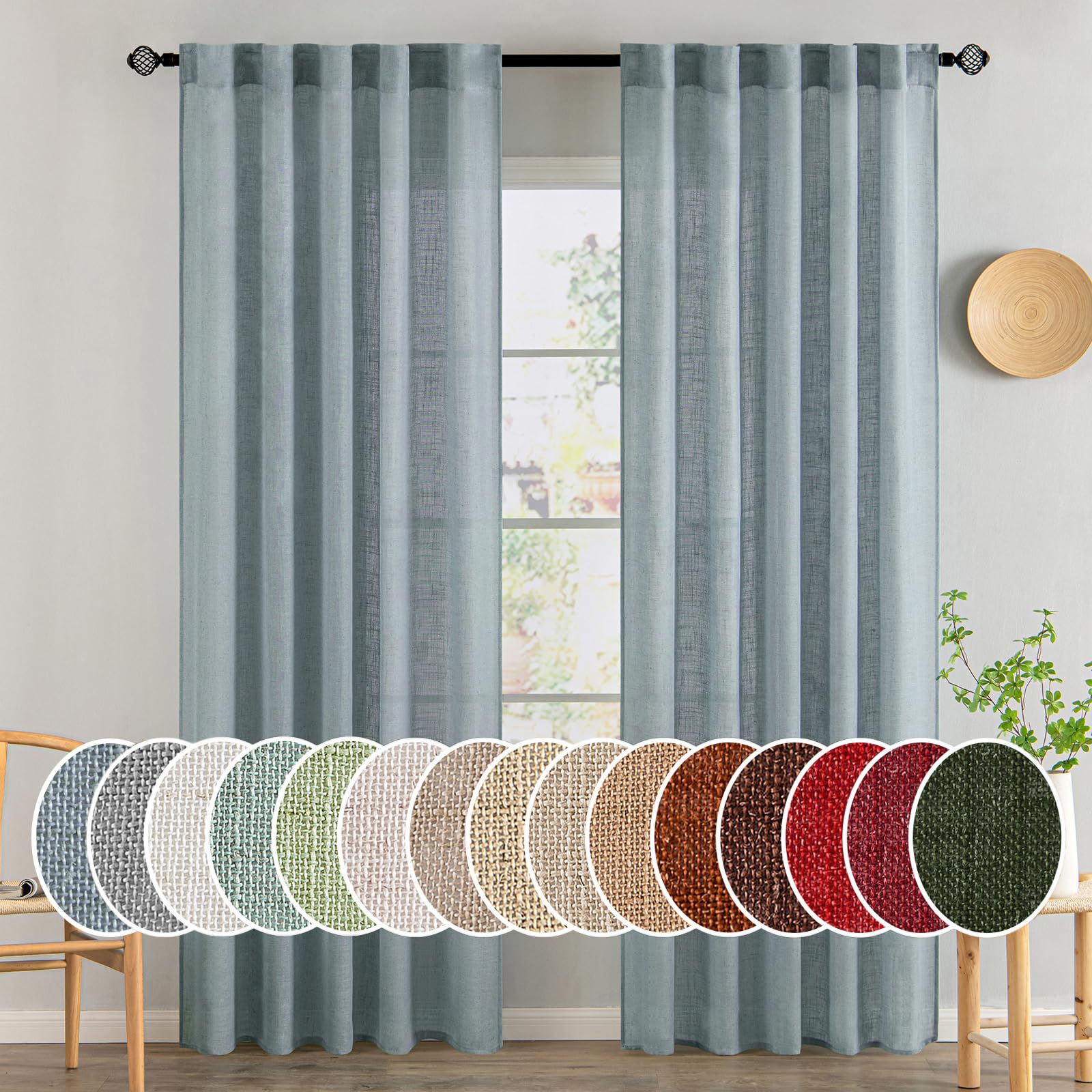 MIULEE Natural White Linen Curtains 84 Inch Long for Bedroom Living Room, Soft Thick Linen Textured Window Drapes Semi Sheer Light Filtering Rod Pocket Back Tab Neutral Farmhouse Cream Ivory 2 Panels