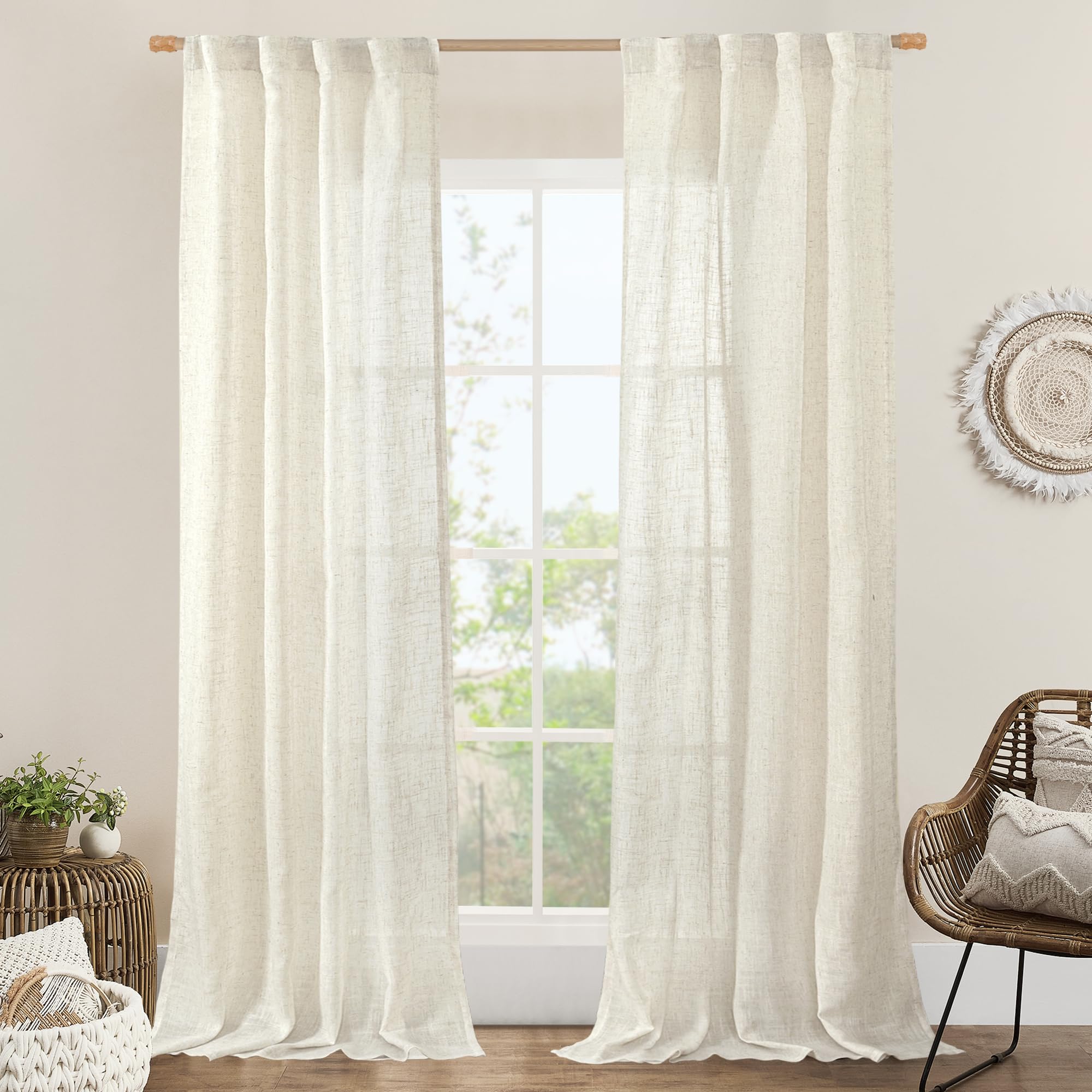 LAMIT Natural Ivory Semi Sheer Linen Curtains 84 inch Long, Cream White Light Filtering Living Room Panels Back Tab and Rod Pocket Neutral Drapes for Bedroom/Farmhouse, 2 Panels, 52 x 84 Inch