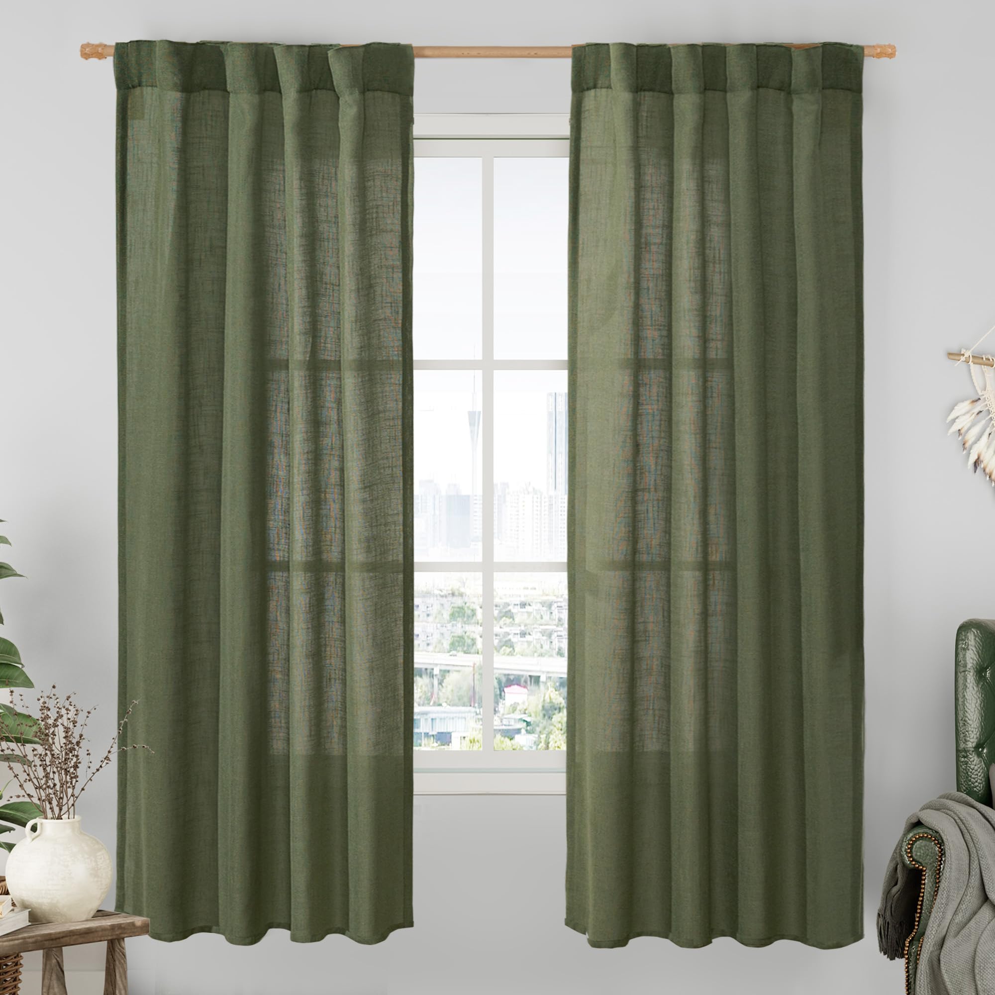LAMIT Natural Ivory Semi Sheer Linen Curtains 84 inch Long, Cream White Light Filtering Living Room Panels Back Tab and Rod Pocket Neutral Drapes for Bedroom/Farmhouse, 2 Panels, 52 x 84 Inch