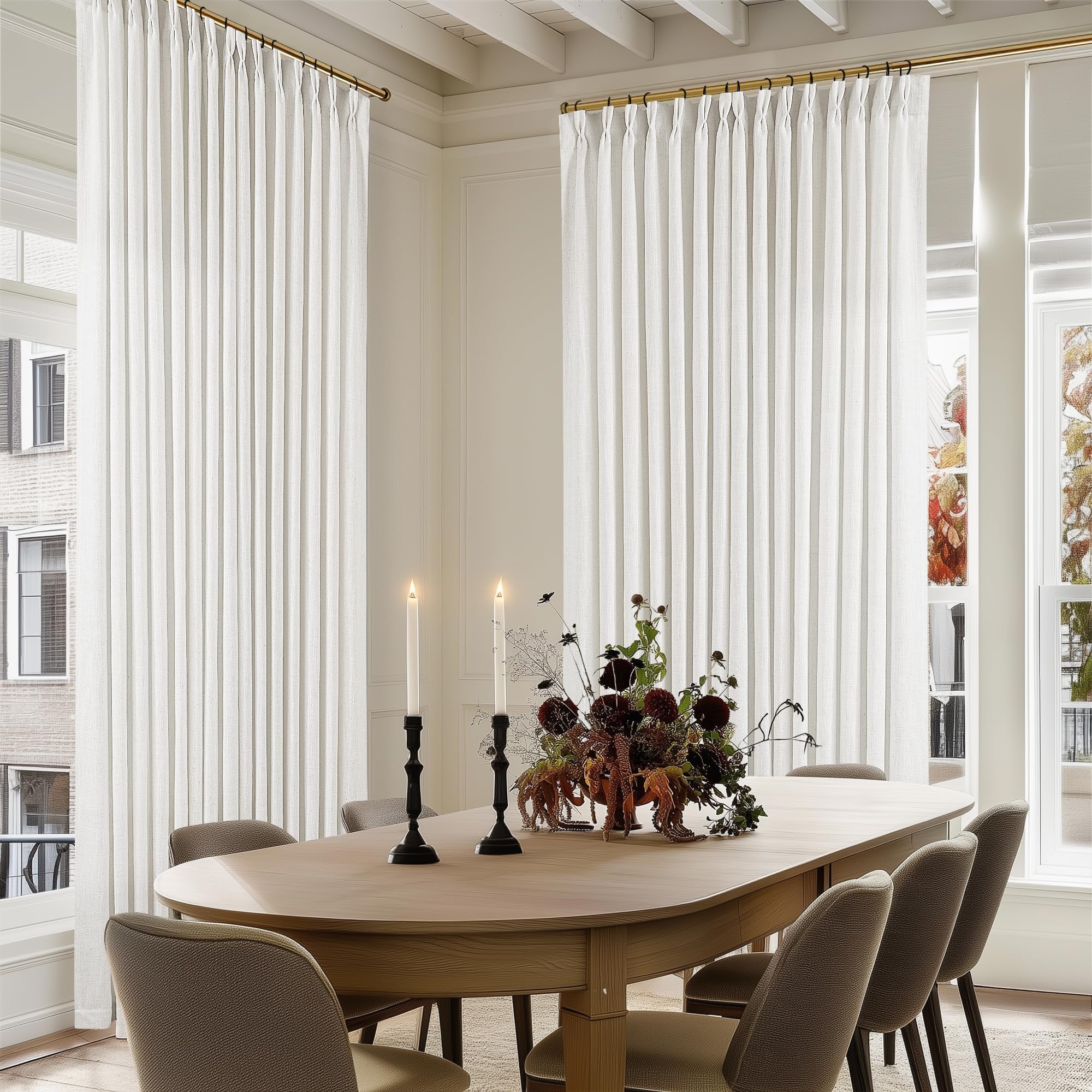Natural Pinch Pleated Linen Curtains 84 Inch Length 2 Panels for Living Room Bedroom Textured Cream Ivory Birch Semi Sheer Boho Neutral Back Tab Pinch Pleat Hooks Rings Window Curtain 84 Inches Long