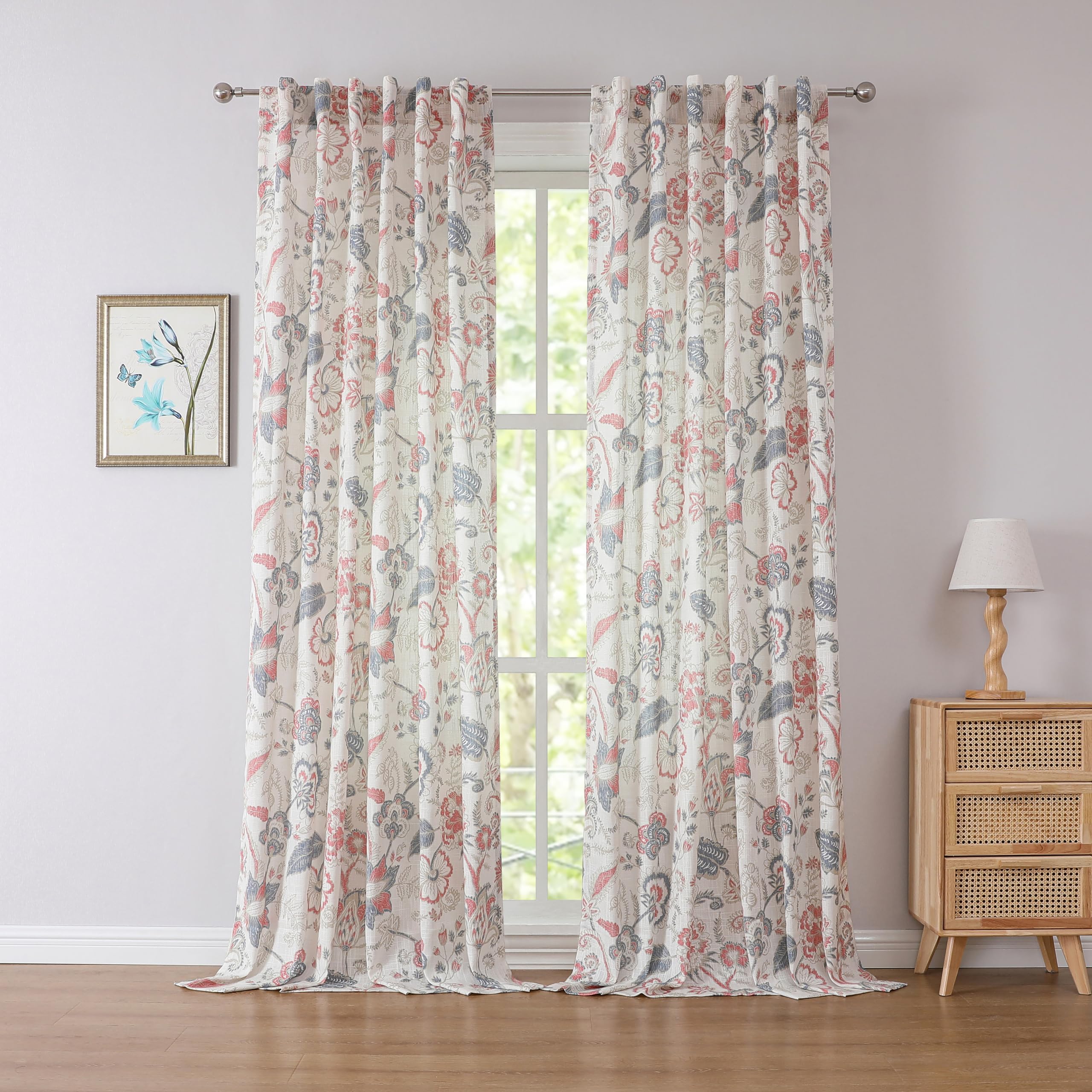 Kayne Studio Backtab Rod Pocket Jacobean Floral Semi Sheer Curtains Boho Botanical Leaf Printed Vintage Farmhouse Blue Grey Light Filtering Window Treatment Sets Living Room Bedroom,52"x84",2 Panels